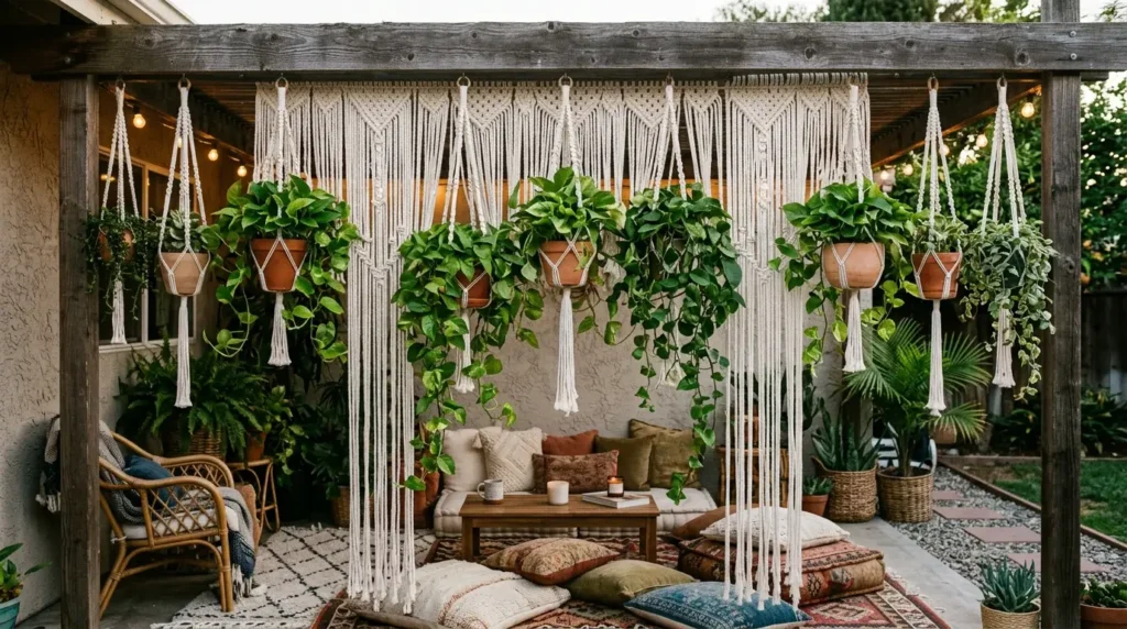 A cozy outdoor patio features a wooden pergola adorned with hanging macramé planters, each holding lush green plants. Beneath, a comfortable seating area is set with colorful cushions and a low wooden table, surrounded by additional potted plants and soft lighting, creating a warm, inviting atmosphere.