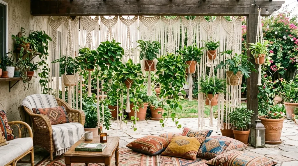 A cozy patio features a wooden pergola with macramé hangers suspending lush green plants. Wicker furniture with patterned cushions and a wooden coffee table enhance the inviting atmosphere. Colorful patterned cushions are scattered on a patterned rug, surrounded by potted plants, creating a serene outdoor setting.
