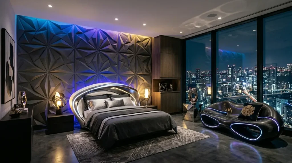 Avant-garde bedroom with 3D geometric wall panels and sculptural chairs.