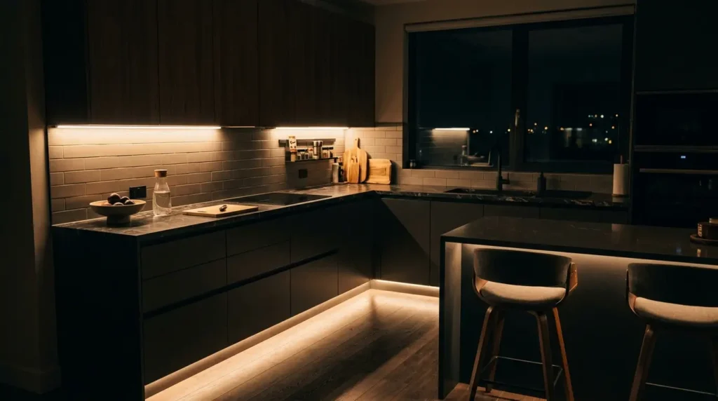 A modern kitchen at night features warm under-cabinet lighting highlighting sleek dark cabinets and a tiled backsplash. A wooden bowl and a glass carafe sit on the counter, while two stylish bar stools are positioned by the island, creating an inviting atmosphere.