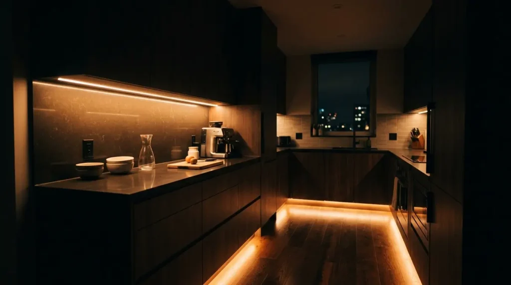 A modern kitchen dimly lit by warm under-cabinet lighting, highlighting sleek countertops and wooden cabinets. A coffee maker and some dishes are placed on the counter, while a window in the background reveals a night cityscape.