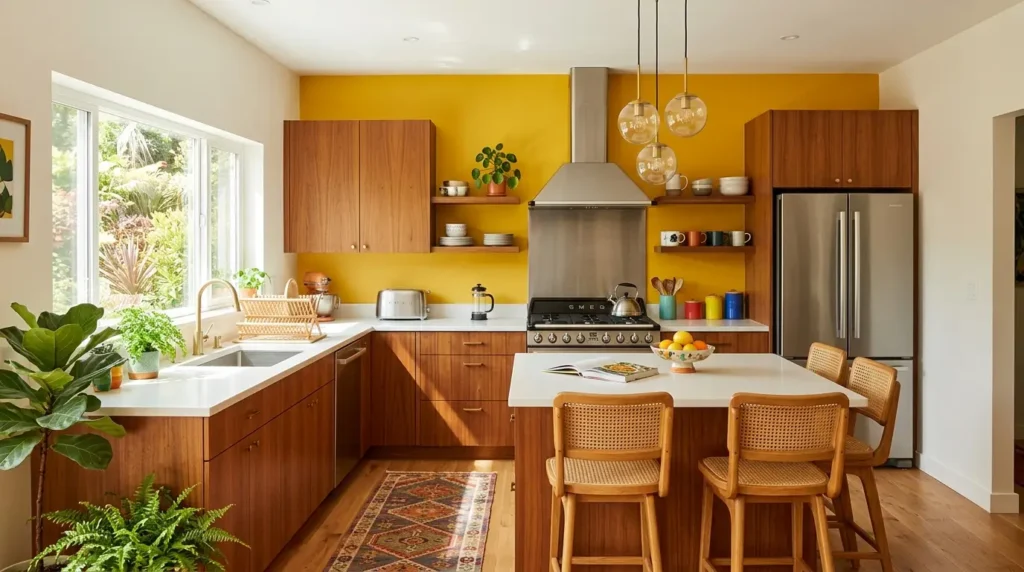 Mid-century inspired retro modern kitchen with rich flat-panel teak cabinets, stainless steel appliances, and a vibrant mustard yellow accent wall.