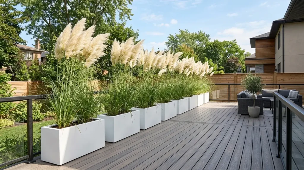 A modern deck features a row of tall, feathery pampas grass planted in sleek white rectangular planters, with a glass railing and outdoor seating area visible in the background.