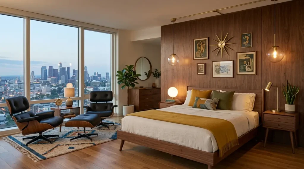 Retro-inspired bedroom with walnut wood, tapered legs, and iconic lounge chairs.