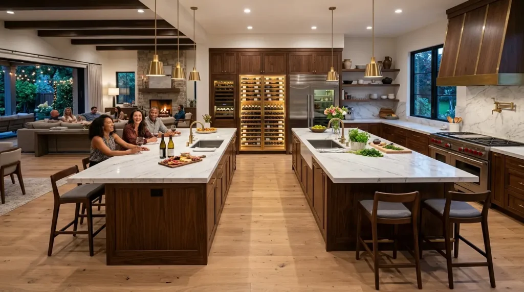 Massive modern entertaining kitchen featuring double oversized dark stained wood islands and vast white marble countertops.