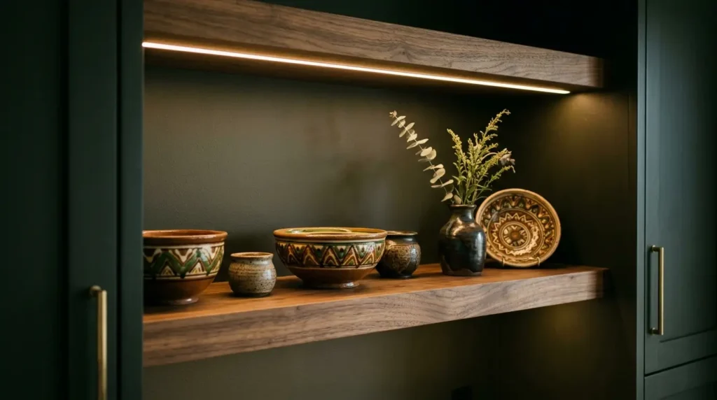 A wooden shelf is illuminated by soft lighting, displaying an assortment of decorative ceramic bowls with intricate patterns, a small vase containing sprigs of greenery, and a patterned plate leaning against the wall.