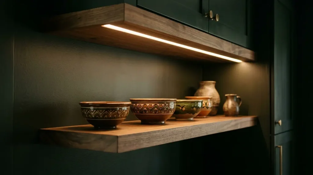 A wooden shelf illuminated by a soft underlight displays a collection of decorative ceramic bowls and vases, set against a dark wall with a cabinet above.