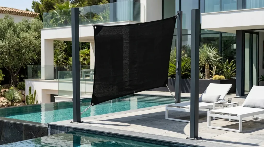 A modern outdoor setting features a sleek black privacy screen positioned between two metal posts beside a luxurious pool. In the background, a contemporary house with large glass windows and lush greenery complements the scene. Two white sun loungers with cushions are placed on the stone patio, adding to the elegant ambiance.