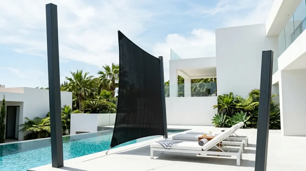 A modern outdoor pool area features sleek white lounge chairs with striped towels, set on a pristine white patio. A black privacy screen is positioned between dark vertical posts, providing shade. The backdrop includes lush green palm trees and a contemporary white building with glass railings.