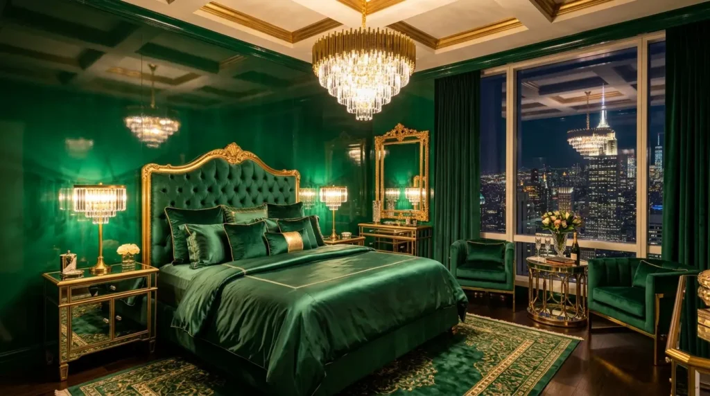 Bold emerald green lacquered bedroom with mirrored furniture and gold accents.