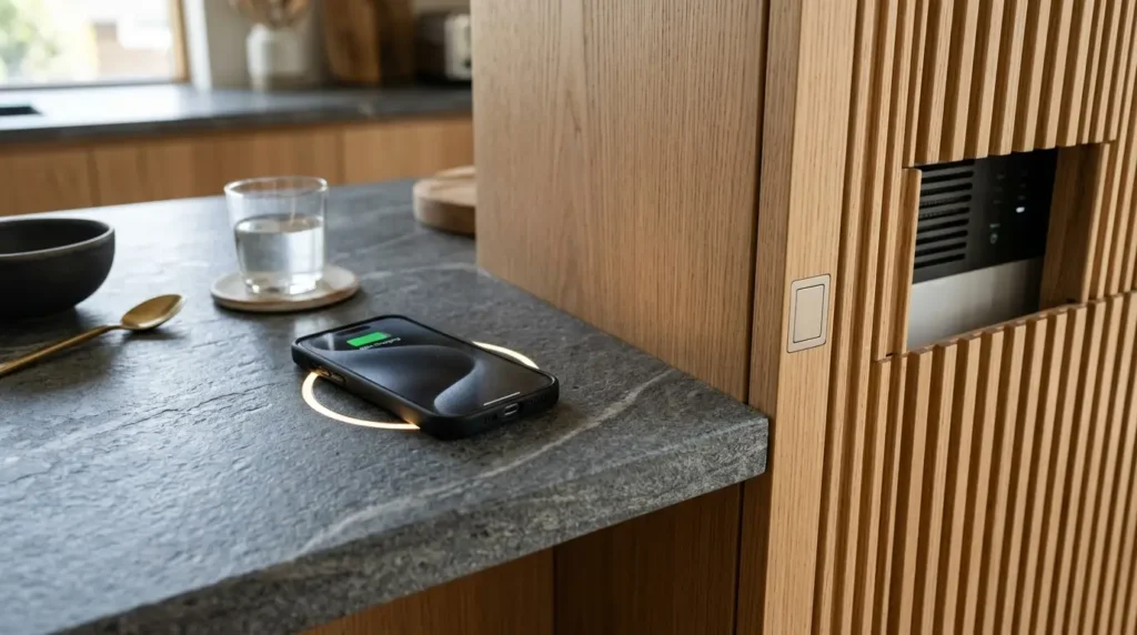 A smartphone is wirelessly charging on a sleek, dark stone countertop in a modern kitchen. Nearby, a glass of water and a gold-colored spoon rest on the surface, while light wood cabinetry adds warmth to the space.