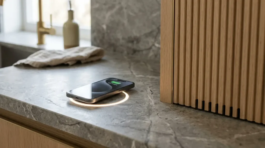 A smartphone is wirelessly charging on a sleek, gray marble countertop, with a glowing ring indicating the charging area. Nearby, a folded cloth and a stylish soap dispenser are visible, adding a touch of elegance to the kitchen setting.