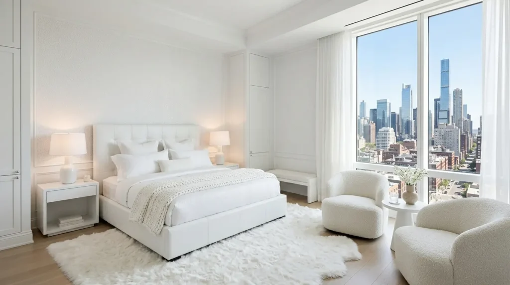 All-white luxury bedroom with bouclé chairs and soft textural white fabrics.