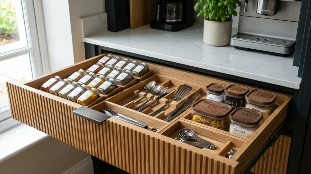 A neatly organized kitchen drawer contains rows of labeled spice jars, cutlery, and utensils, with wooden dividers separating them. On the right, there are labeled containers for salt, coffee beans, pasta, and sugar. The drawer is under a countertop with a coffee maker and a potted plant nearby, creating a tidy and efficient kitchen setup.