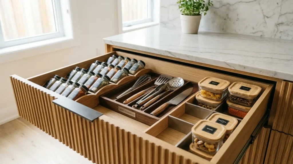 A neatly organized kitchen drawer contains rows of spice jars, cooking utensils, and labeled glass containers with wooden lids, holding various dried foods. The drawer is part of a wooden cabinet beneath a marble countertop, with a small potted plant nearby.
