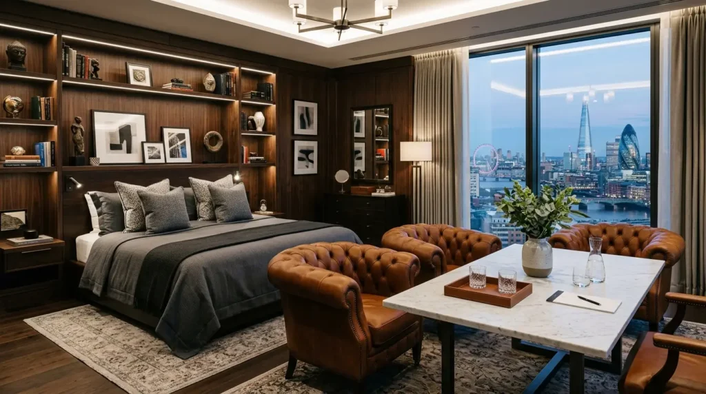 Professional dark wood bedroom with leather lounge seating and city landmarks view.