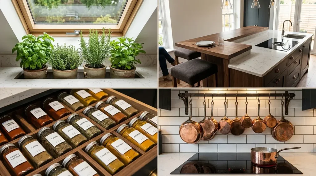 A cozy kitchen scene features a skylight with potted herbs like basil and rosemary on the windowsill. Below, a modern kitchen island with a marble countertop and wooden accents is paired with cushioned stools. A drawer neatly holds labeled spice jars, and a white-tiled backsplash displays hanging copper pots above an induction cooktop with a saucepan.