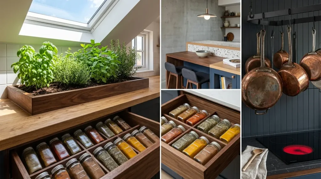 A collage of four kitchen scenes: a skylit herb garden with basil and rosemary in a wooden box, a modern kitchen with a sleek dining area, a neatly organized spice drawer with labeled jars, and rustic copper pots hanging above an induction cooktop.