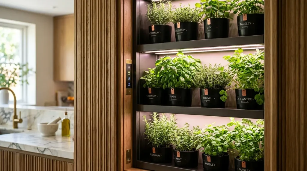 A modern kitchen features a vertical herb garden with three shelves of potted plants labeled rosemary, mint, parsley, basil, thyme, and cilantro. The wooden cabinetry and marble countertop add a stylish touch, while the window in the background lets in natural light.