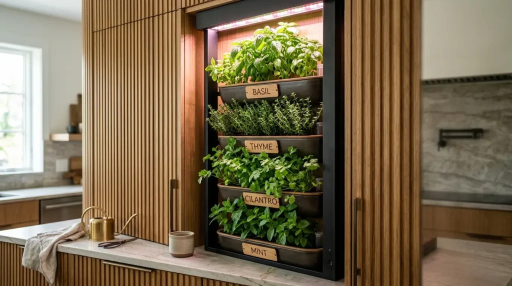 A modern kitchen features a vertical indoor herb garden with four tiers labeled basil, thyme, cilantro, and mint. The plants are lush and vibrant, housed in a sleek, wooden slatted cabinet. A small watering can and cup sit on the marble countertop nearby.