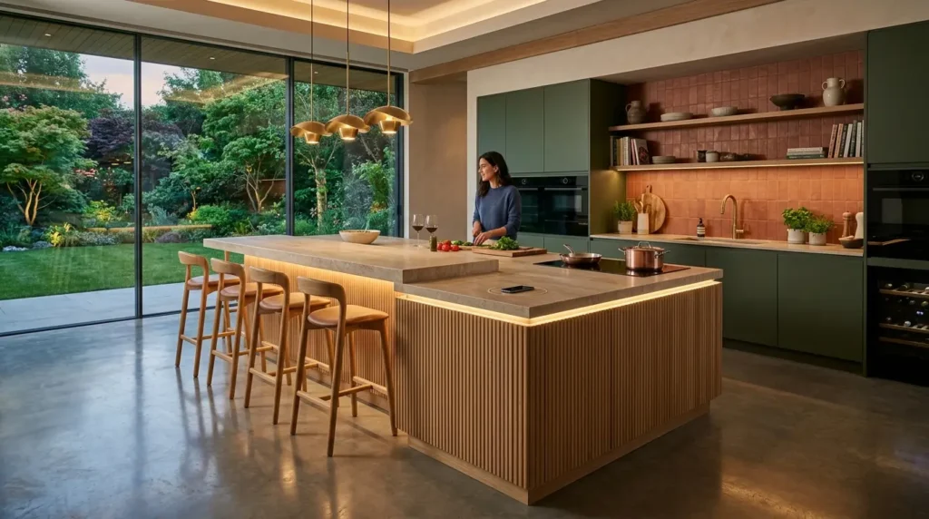 A modern kitchen with a large wooden island and four stools, illuminated by elegant pendant lights. A person is preparing food on the island, with a glass of wine nearby. The kitchen features green cabinets, open shelving with books and decor, and a view of a lush garden through expansive glass doors.