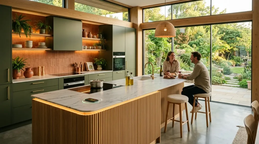 A couple sits at a stylish kitchen island with a marble countertop, surrounded by olive green cabinets and warm wood accents. Large glass doors open to a lush garden, creating a bright and inviting atmosphere.