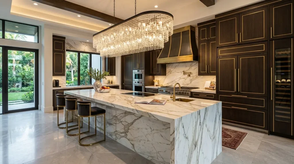 Luxury modern kitchen featuring a heavily veined Calacatta Gold marble island, espresso wood cabinets, and a cascading crystal chandelier.