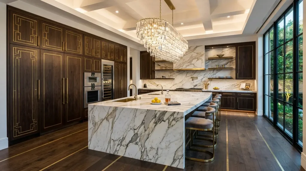 Luxury modern kitchen featuring a heavily veined Calacatta Gold marble island, espresso wood cabinets, and a cascading crystal chandelier.