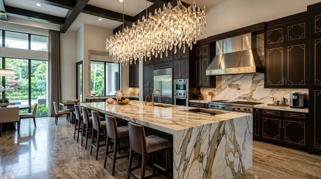 Luxury modern kitchen featuring a heavily veined Calacatta Gold marble island, espresso wood cabinets, and a cascading crystal chandelier.
