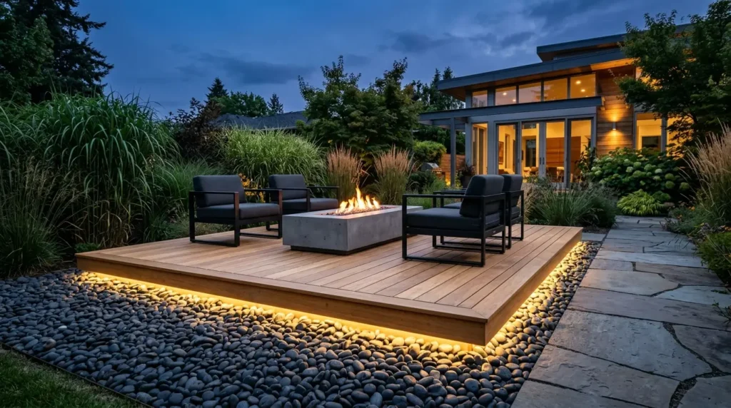 A modern outdoor patio features a wooden deck with integrated lighting, surrounded by smooth stones. Two black chairs face a central rectangular fire pit, creating a cozy ambiance. In the background, a contemporary house with large windows is softly illuminated against the evening sky.