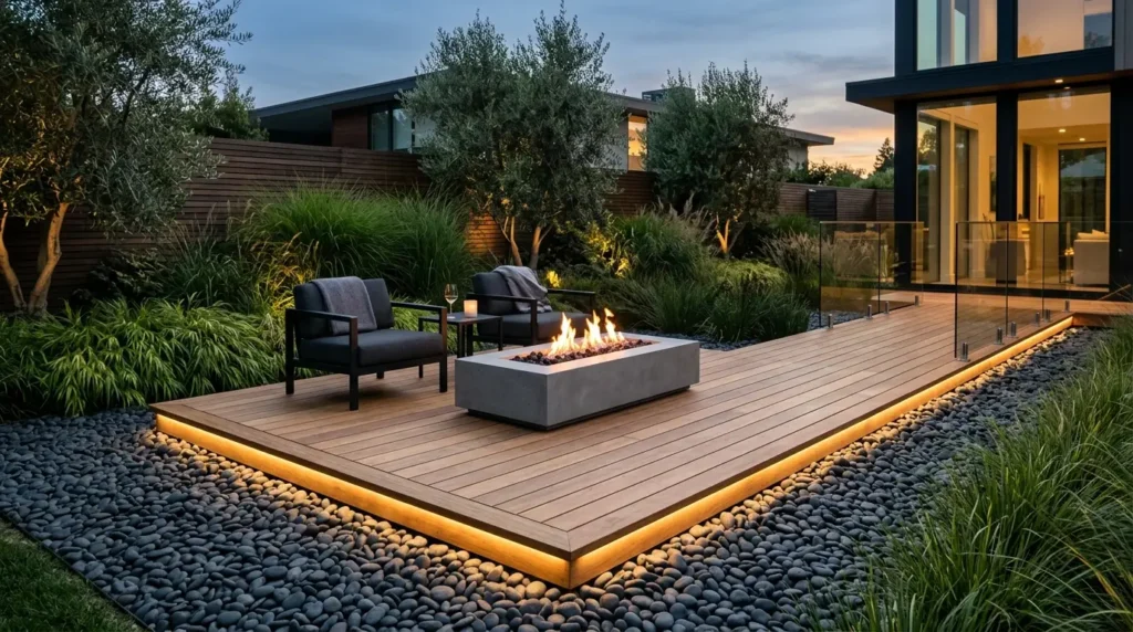 A modern outdoor patio features a sleek wooden deck with a rectangular fire pit at its center, surrounded by two comfortable dark chairs. The deck is illuminated by soft underlighting, and the area is bordered by smooth, dark pebbles and lush greenery. A contemporary glass railing separates the patio from a stylish house with large windows, creating a serene evening atmosphere.