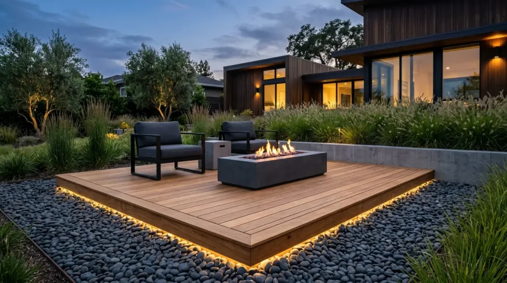 A modern outdoor patio features a wooden deck with built-in lighting, surrounded by smooth gray pebbles. Two sleek black chairs face a rectangular fire pit, creating a cozy atmosphere. In the background, a contemporary house with large glass windows is warmly illuminated, framed by lush greenery and trees.