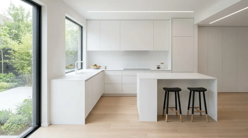 Ultra-minimalist modern kitchen featuring seamless matte white handleless cabinets, thin porcelain countertops, and pale oak hardwood floors.