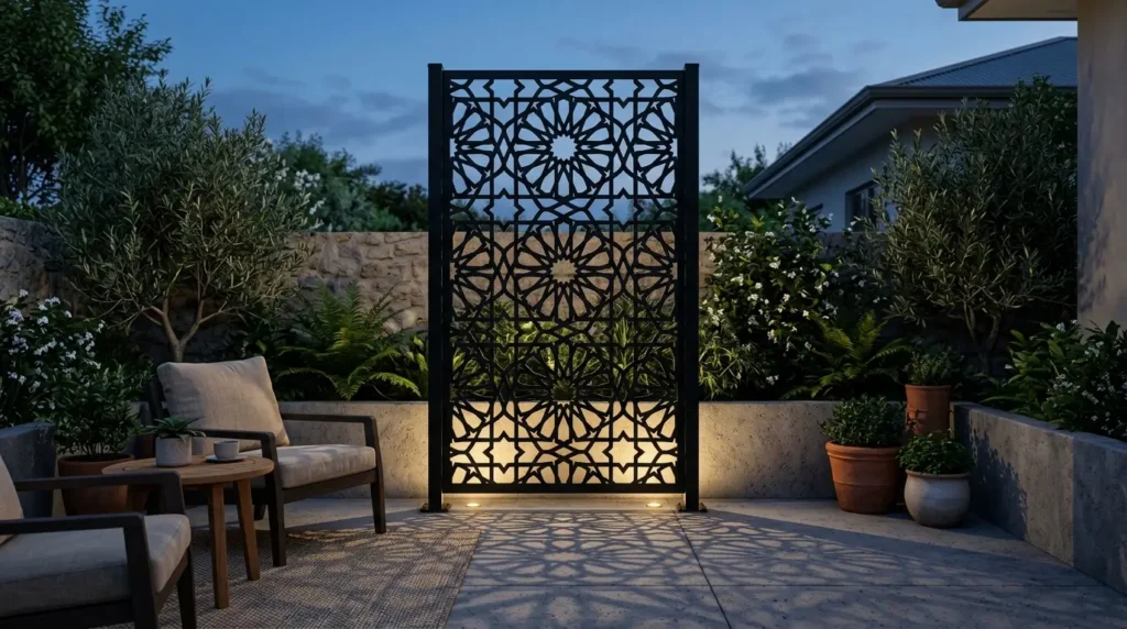 A decorative metal privacy screen with an intricate geometric pattern stands in a stylish patio setting, surrounded by lush greenery and potted plants. Cozy outdoor furniture, including cushioned chairs and a small table, is arranged nearby, creating an inviting atmosphere under the evening sky.