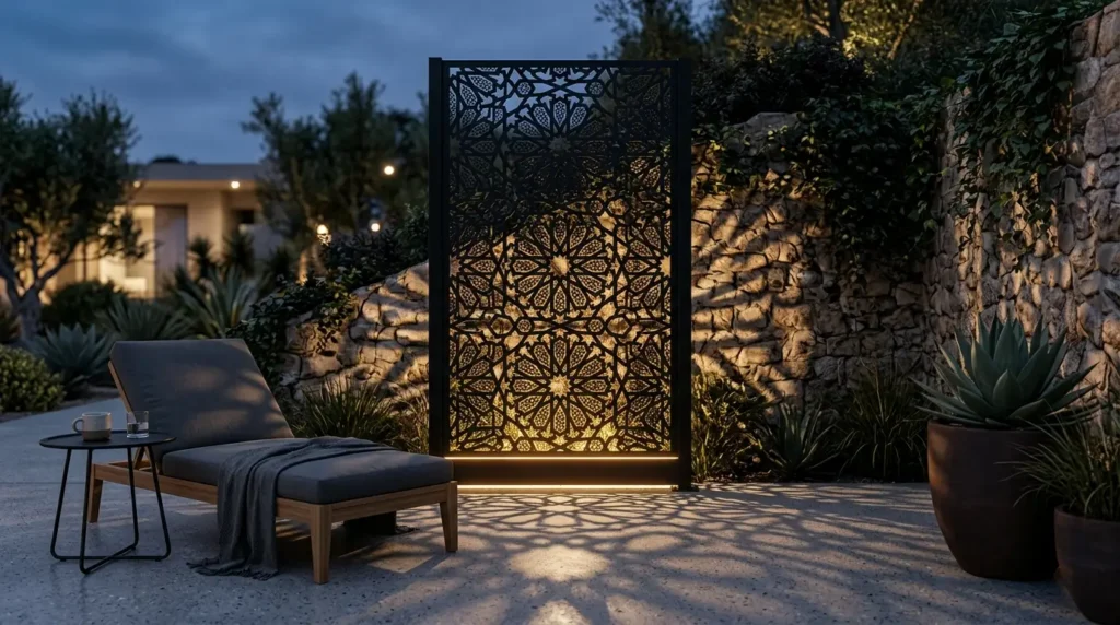 A cozy outdoor patio features a lounge chair with a blanket and cup on a small table, set against a stone wall. A decorative panel with intricate patterns is illuminated, casting beautiful shadows on the ground. Lush plants and soft evening lighting create a tranquil atmosphere.