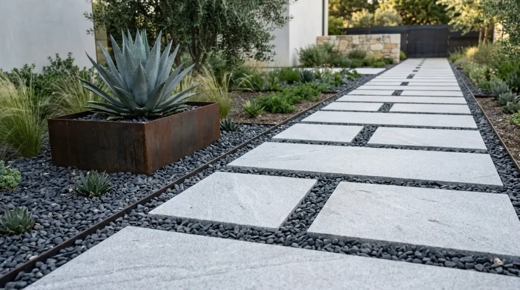 Minimalist garden path with granite pavers, basalt gravel, and a steel agave planter.