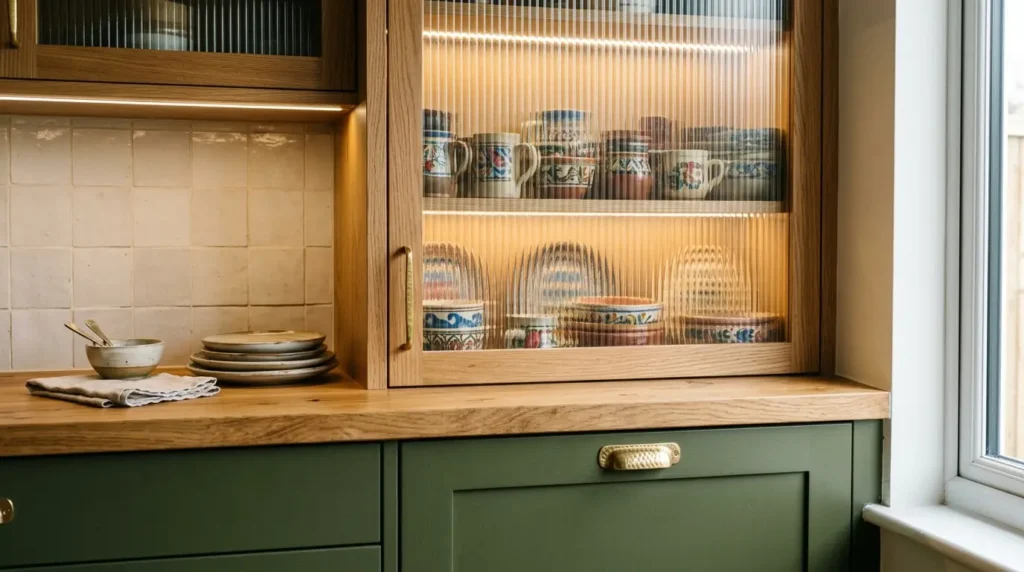 A cozy kitchen corner features green cabinets with brass handles and a wooden countertop. A glass-front cabinet displays colorful mugs and bowls, warmly lit from within. Stacked plates and a bowl with a spoon rest on the counter beside a folded cloth.