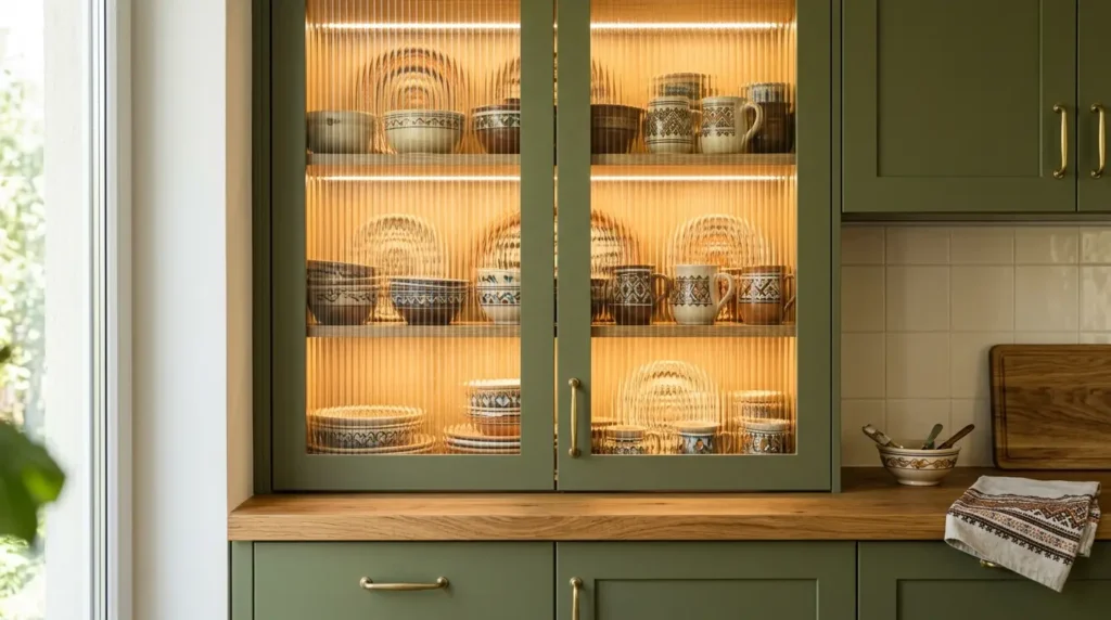 A kitchen cabinet with glass doors displays an array of intricately patterned bowls and mugs, warmly lit from within. The cabinet is painted in a muted green and topped with a wooden countertop, complemented by brass handles. A wooden cutting board and a decorative bowl with utensils rest nearby.
