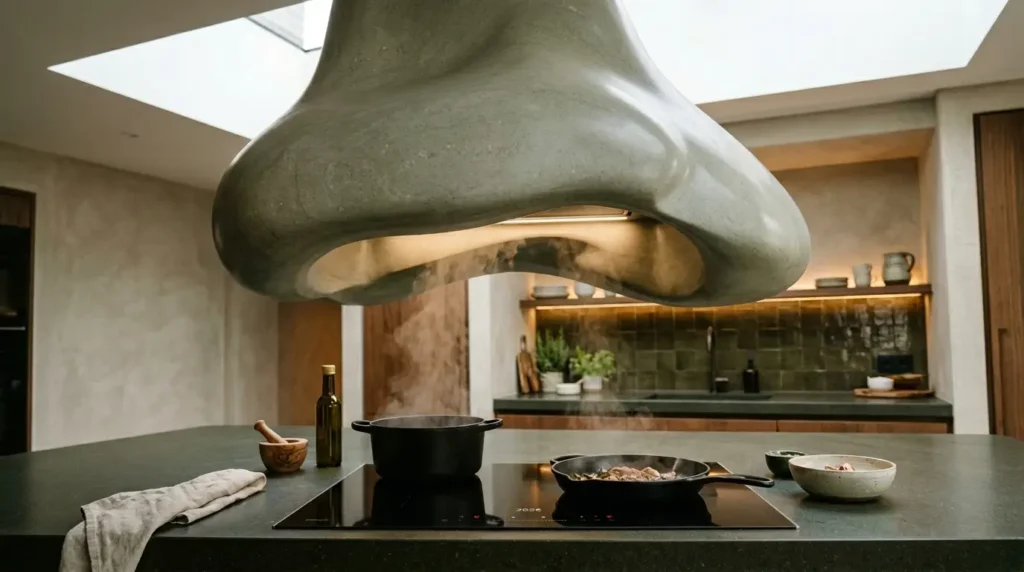 A modern kitchen features a unique, sculptural range hood above a sleek black stovetop. A pot and a pan with food are cooking, releasing steam. The countertop holds a small bowl, a bottle of oil, and a cloth, while the background showcases stylish shelving and warm lighting.