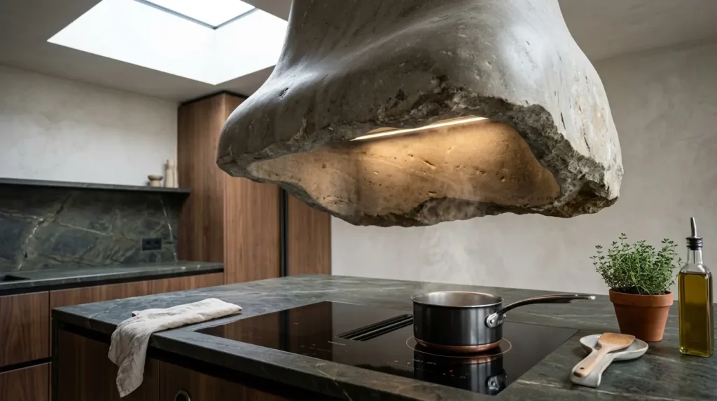A modern kitchen features a unique stone-like range hood above an induction cooktop with a pot. The countertop holds a potted herb, a bottle of olive oil, and a wooden spoon, creating a stylish and functional cooking space.