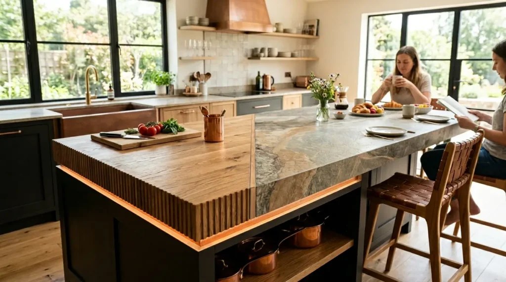 A modern kitchen features a large island with a textured wooden and stone countertop, surrounded by wooden chairs. Two people sit at the island, one reading and the other drinking from a mug. The kitchen is bright, with large windows, open shelves, and a cutting board with fresh vegetables.