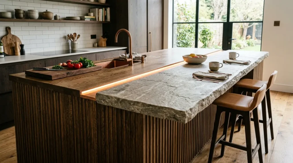 A modern kitchen features a rustic wooden island with a textured stone countertop, illuminated by subtle under-lighting. On the island, there's a cutting board with fresh vegetables, two mugs, and neatly folded napkins. The space is brightened by large windows, and two leather bar stools are neatly placed at the counter.