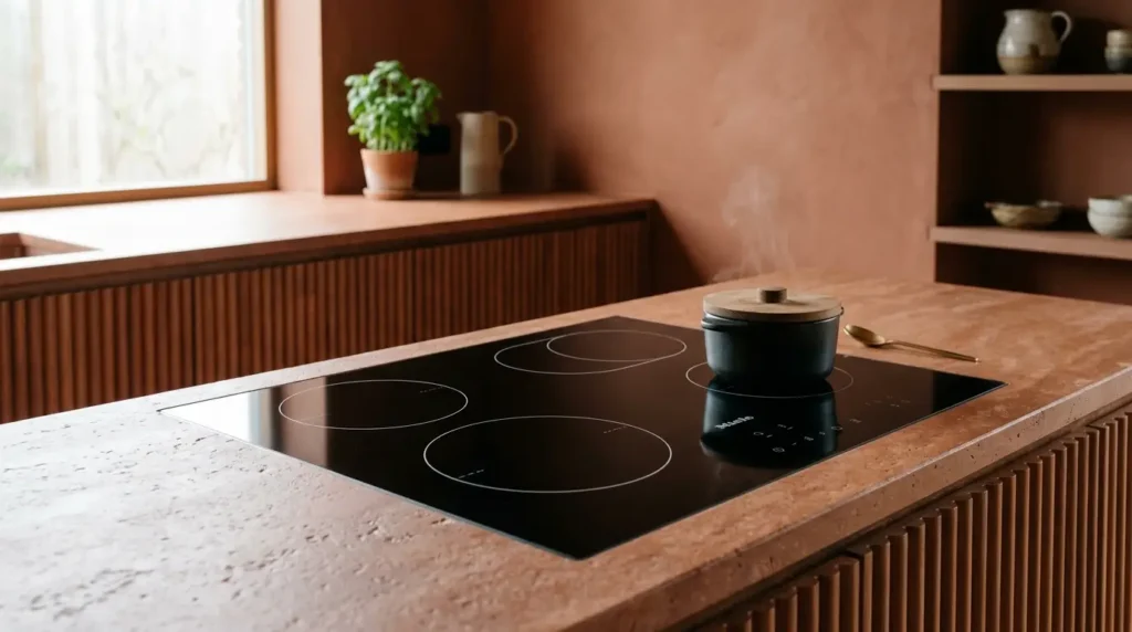 A modern kitchen features a sleek black induction cooktop with a small pot emitting steam, set on a textured brown countertop. A wooden spoon rests nearby, and a potted plant adds a touch of greenery by the window.