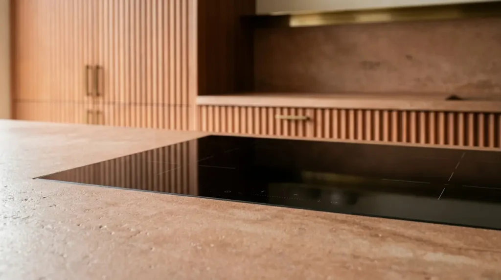 A sleek black induction cooktop is set into a textured brown countertop, with wooden cabinets featuring vertical grooves and brass handles in the background, creating a modern kitchen aesthetic.