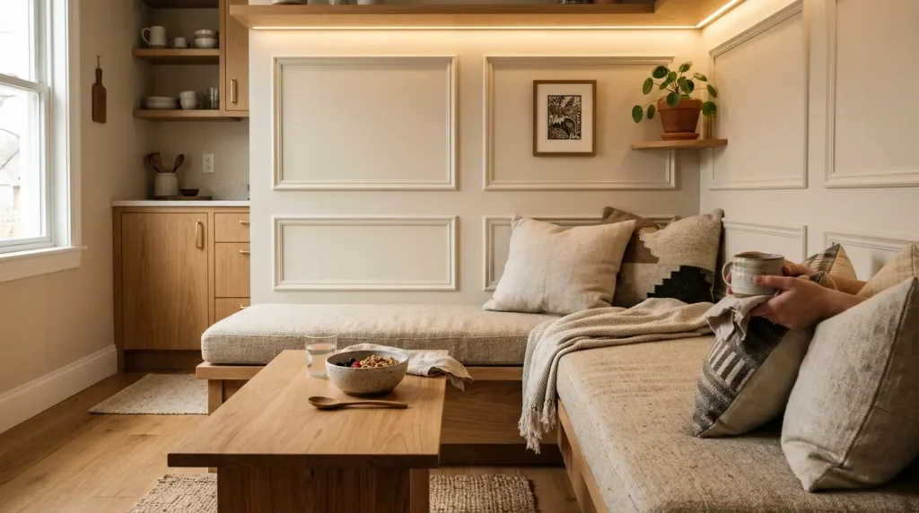 A cozy living space features two beige cushioned benches with decorative pillows, centered around a wooden coffee table holding a bowl and glass. A person holds a mug, adding a lived-in feel. The room has light wood flooring, a small shelf with a potted plant, and a kitchenette with wooden cabinets in the background.