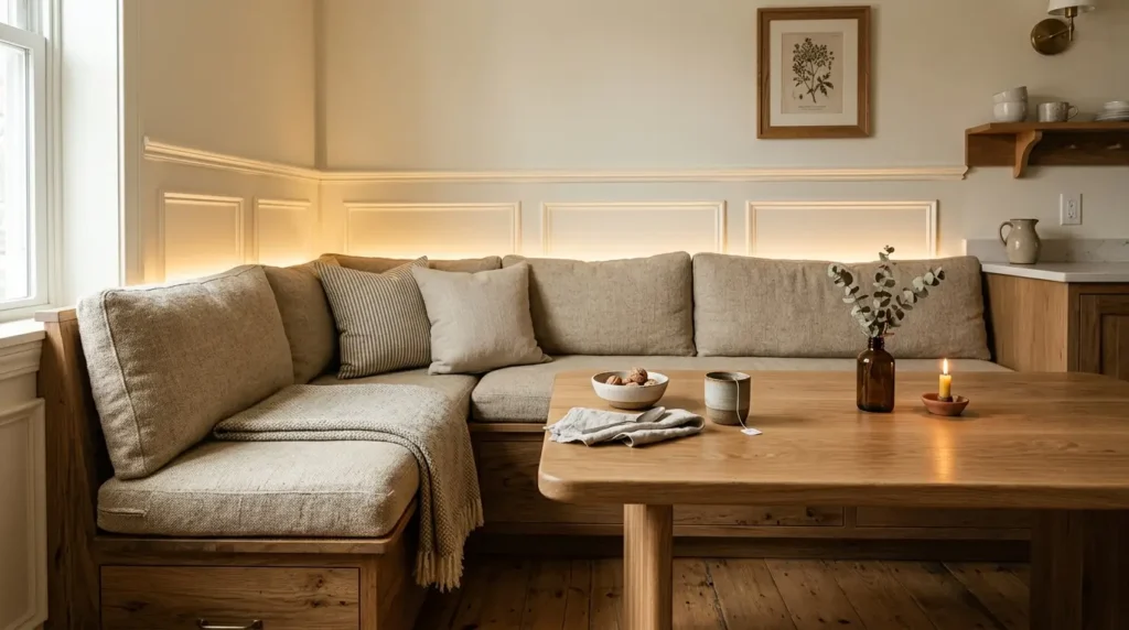 A cozy living room corner features a beige sectional sofa with several cushions, set against a wall with soft lighting. A wooden table in front holds a mug, a small vase with eucalyptus, and a lit candle. A framed botanical print hangs on the wall, adding a touch of elegance.