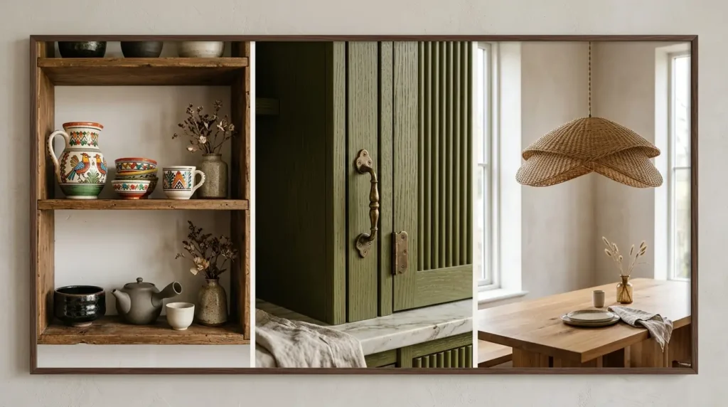 A cozy kitchen scene is divided into three sections. On the left, wooden shelves display colorful, patterned pottery and a teapot. The center features a green cabinet with a vintage handle and a marble countertop. On the right, a woven pendant light hangs above a wooden dining table set with plates, a cup, and a small vase.