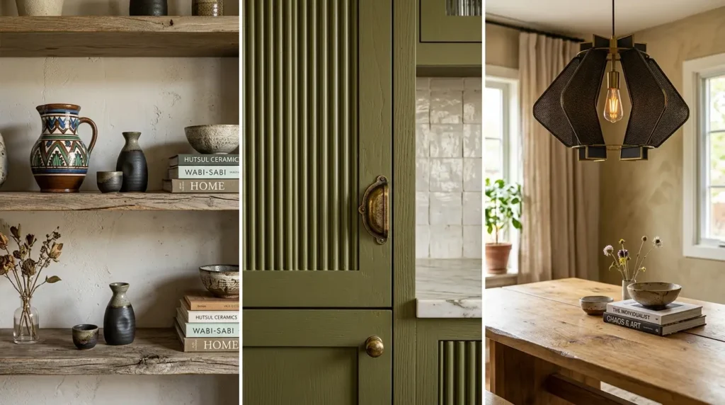 A triptych of cozy home interiors: the left image shows rustic wooden shelves with ceramic vases and books; the center image features a green cabinet with a brass handle and a glimpse of a marble countertop; the right image displays a dining area with a wooden table, a modern black pendant light, and a window with beige curtains.