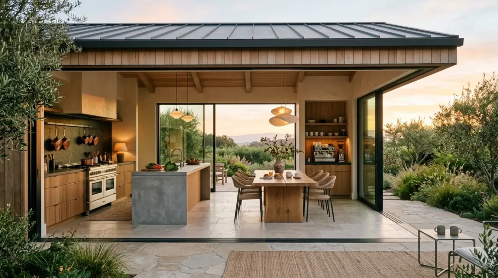A modern open-concept kitchen and dining area features wooden cabinetry, a sleek island, and a dining table with chairs, seamlessly blending with the lush outdoor landscape visible through large glass doors, under a warm sunset sky.