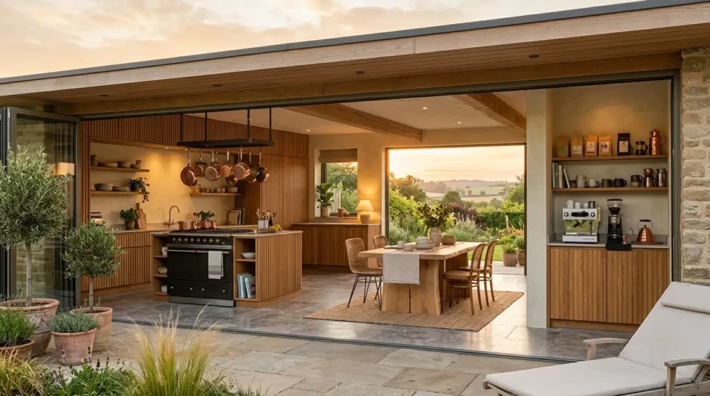 An open-plan kitchen and dining area seamlessly blend with an outdoor patio, featuring wooden cabinetry and a central island with hanging copper pots. A dining table with chairs is set against a backdrop of lush greenery and a scenic landscape visible through large sliding glass doors. A coffee station with a machine and shelves of mugs adds a cozy touch to the space.